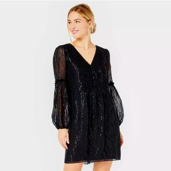 Lilly Pulitzer Cleme Long Sleeve Silk Mini Dress in Metallic Black - Picture 7 of 7